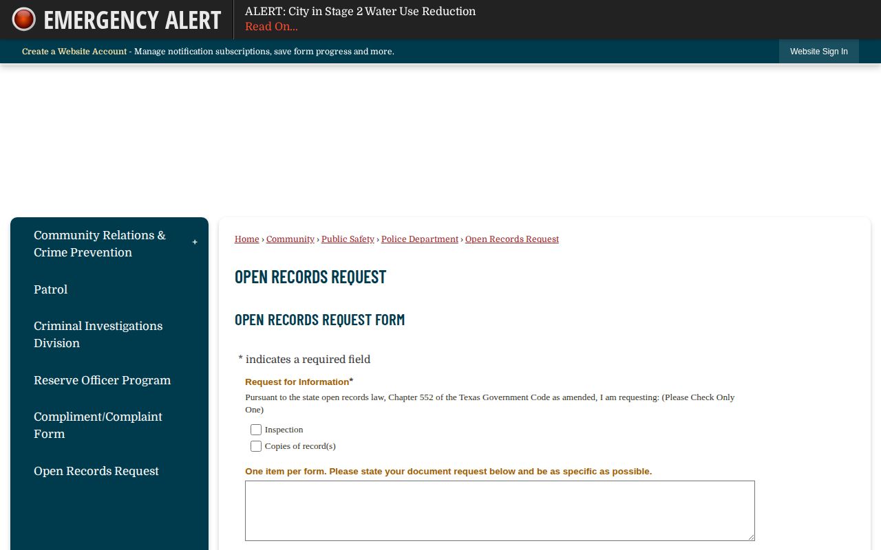 Castroville official open records request page for Medina County arrest records