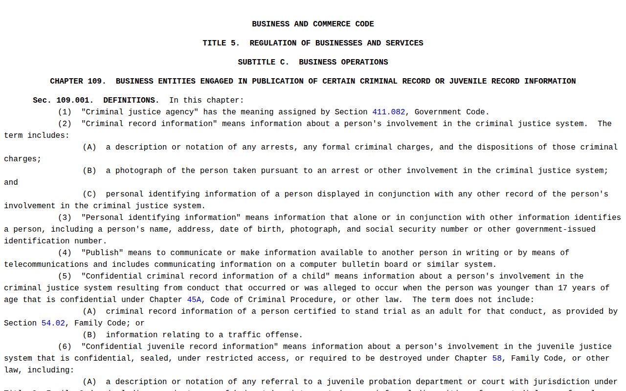 Texas Chapter 109 mugshot publication and record-correction statute relevant to Medina County booking records